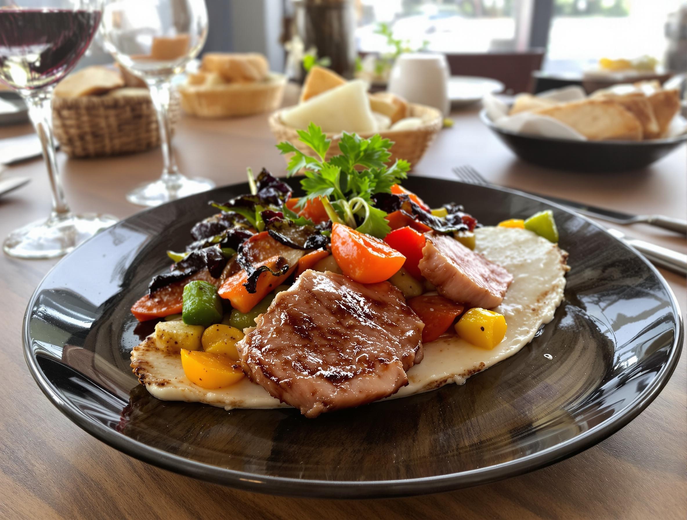 Assiette colorée de spécialités locales landaises dans un restaurant typique