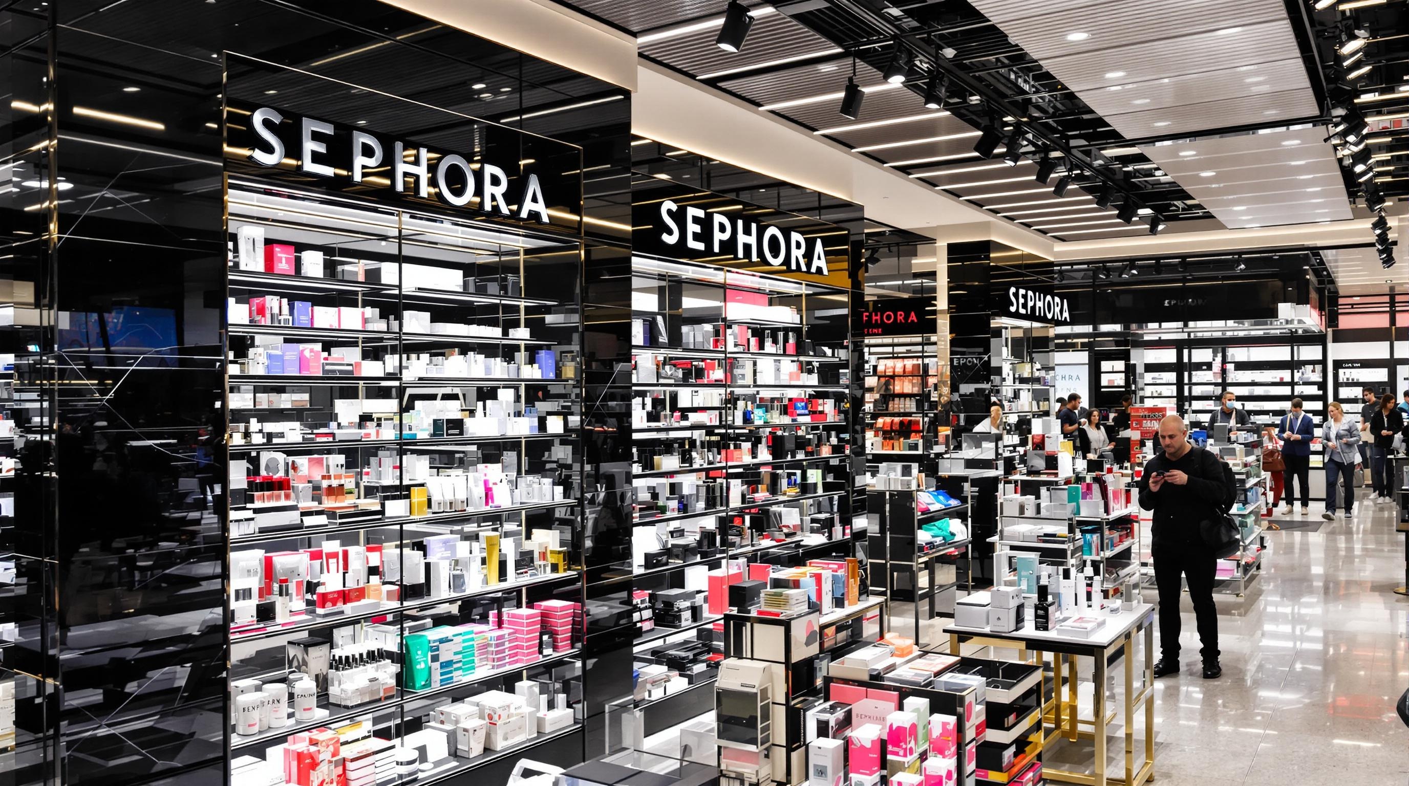 Image d'une boutique Sephora moderne montrant l'agencement des produits et l'ambiance en magasin