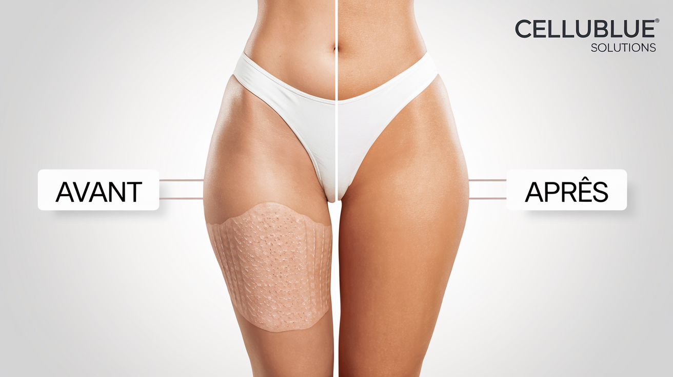 Avant-après montrant la réduction visible de la cellulite grâce à Cellublue