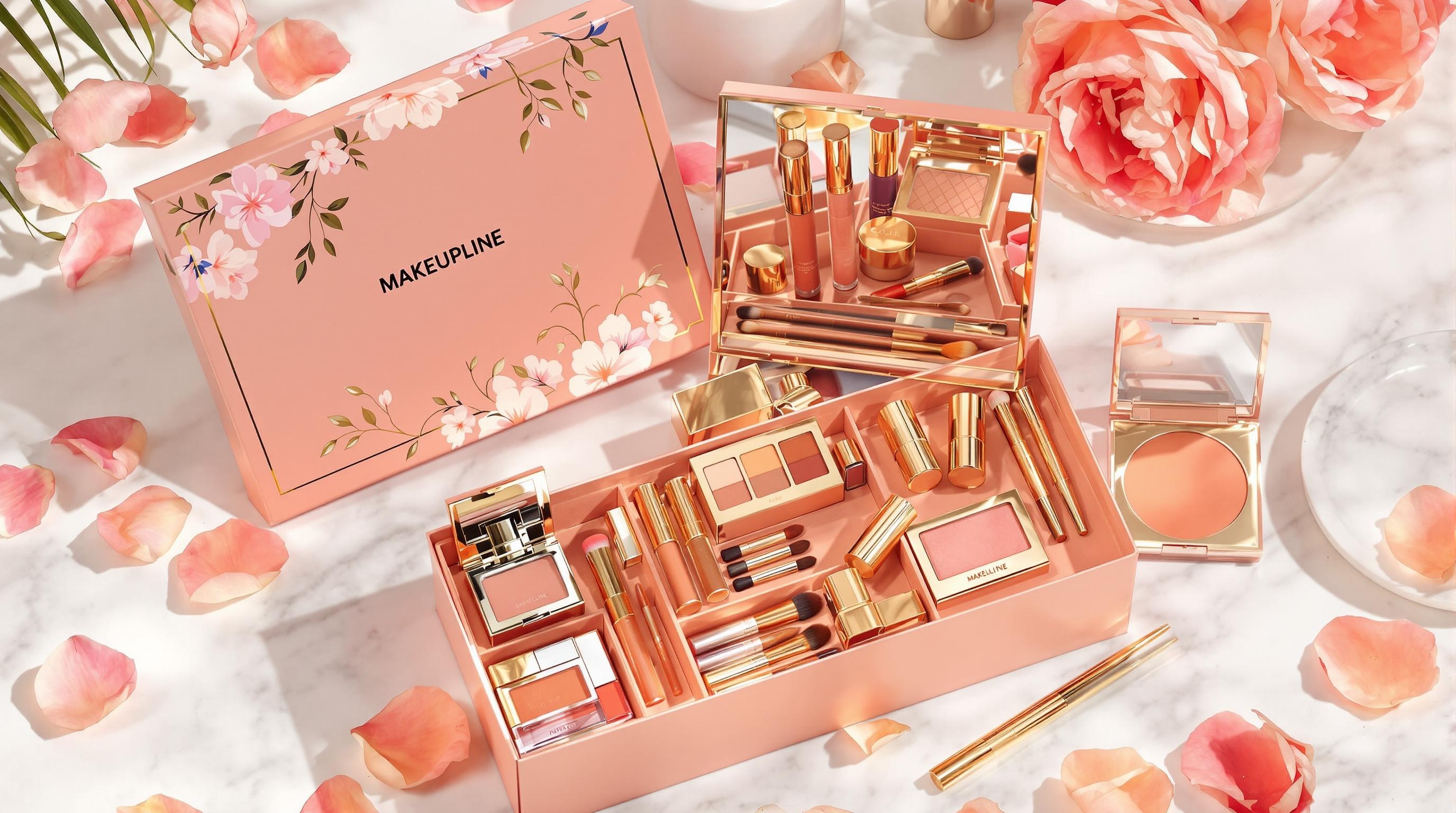 Image d'un coffret Makeupline avec une description complète mettant en évidence ses produits, leur design chic et leur allure estivale.