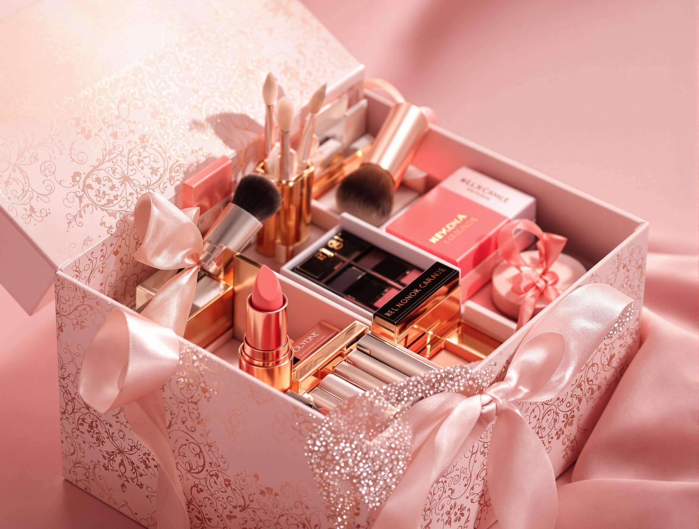 Maquillage luxueux avec packaging raffiné et détails scintillants.