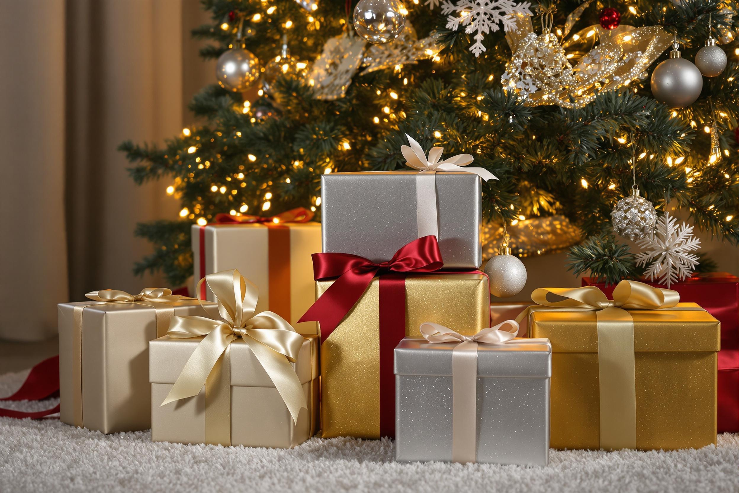 Sélection de coffrets cadeaux sous un sapin illuminé, symbolisant l'élégance et la modernité.