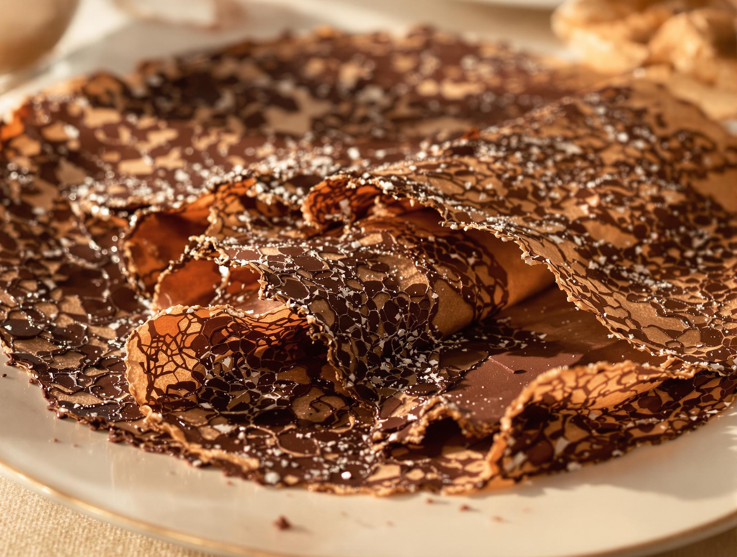 Une crêpe dentelle au chocolat magnifiquement disposée, avec des morceaux fins et délicats.