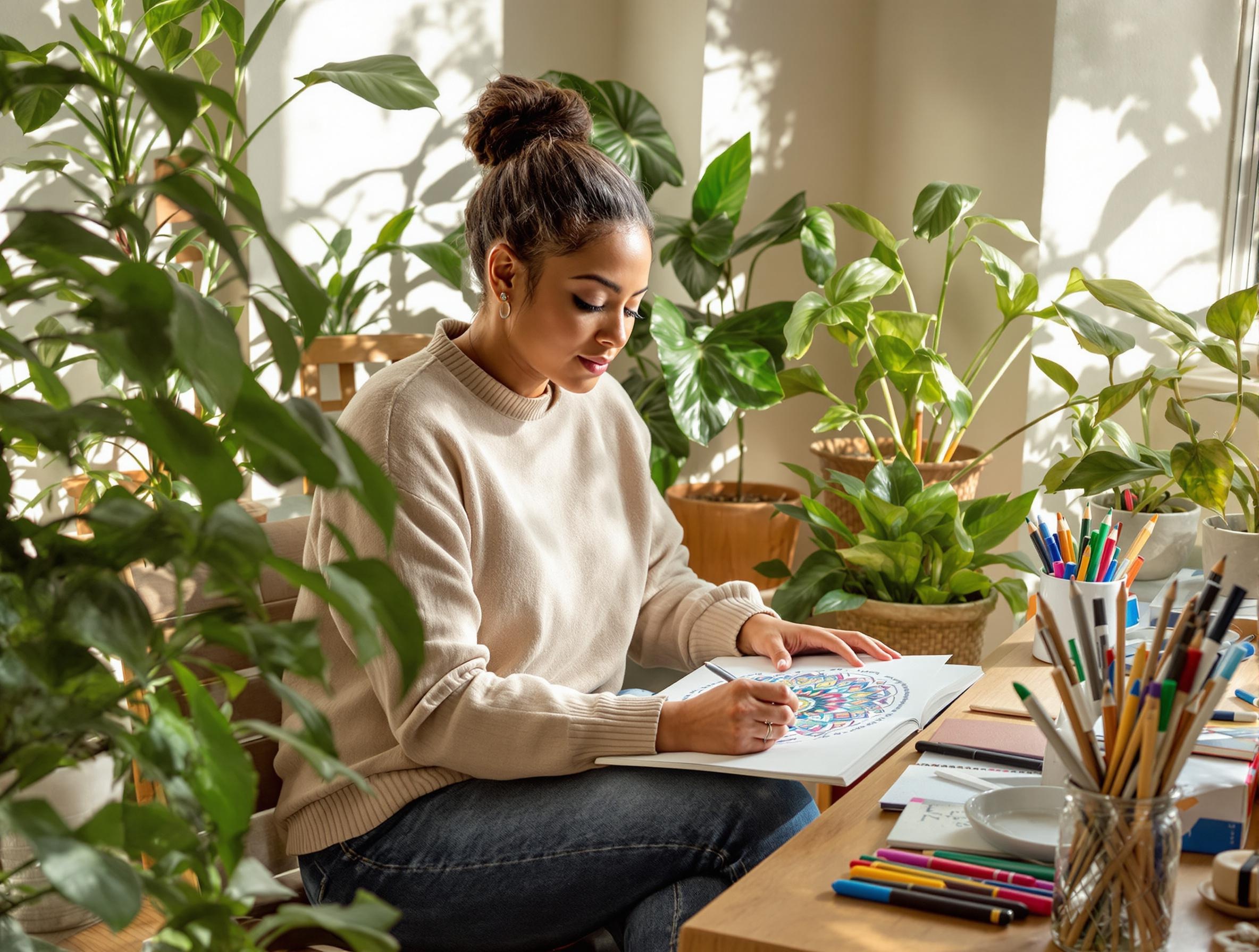 Femme détendue dans un coin lumineux avec des fournitures de coloriage.