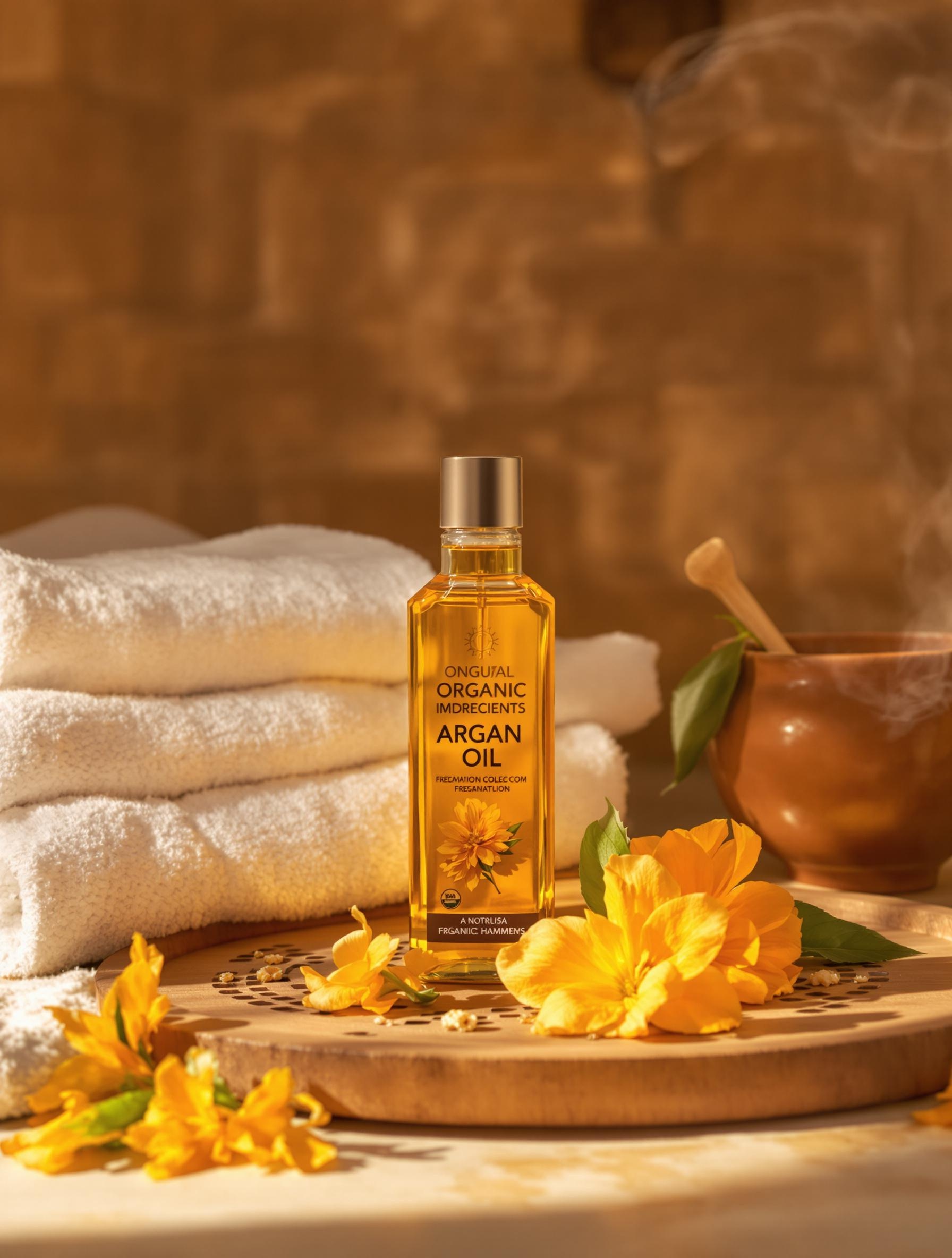 Huile d'argan bio et fleur d'oranger dans une ambiance hammam.