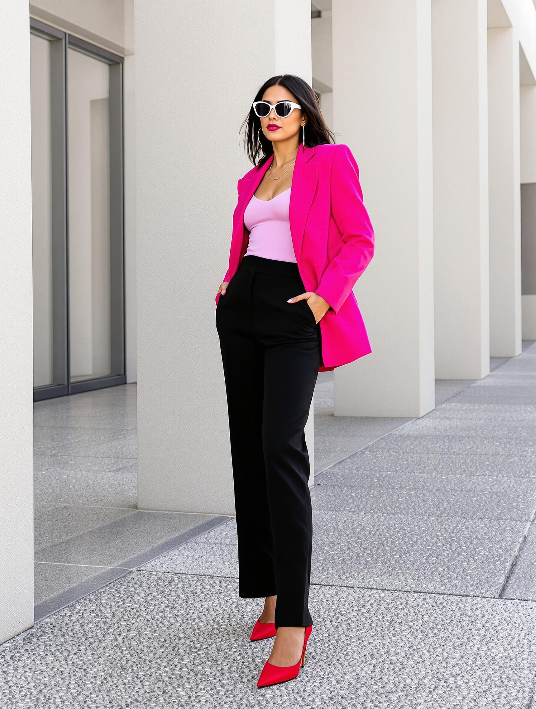 Femme au style #GIRLBOSS moderne avec blazer rose flashy.