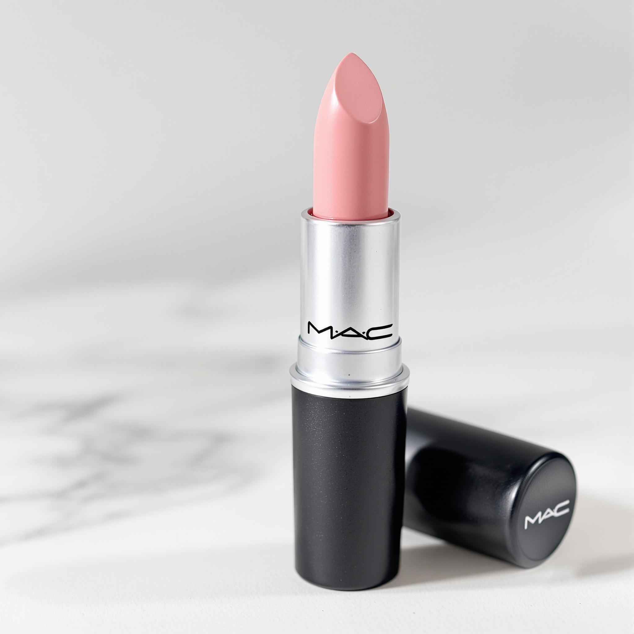 Zoom sur le rouge à lèvres MAC Please Me avec sa teinte rose poudrée et sa texture mate.