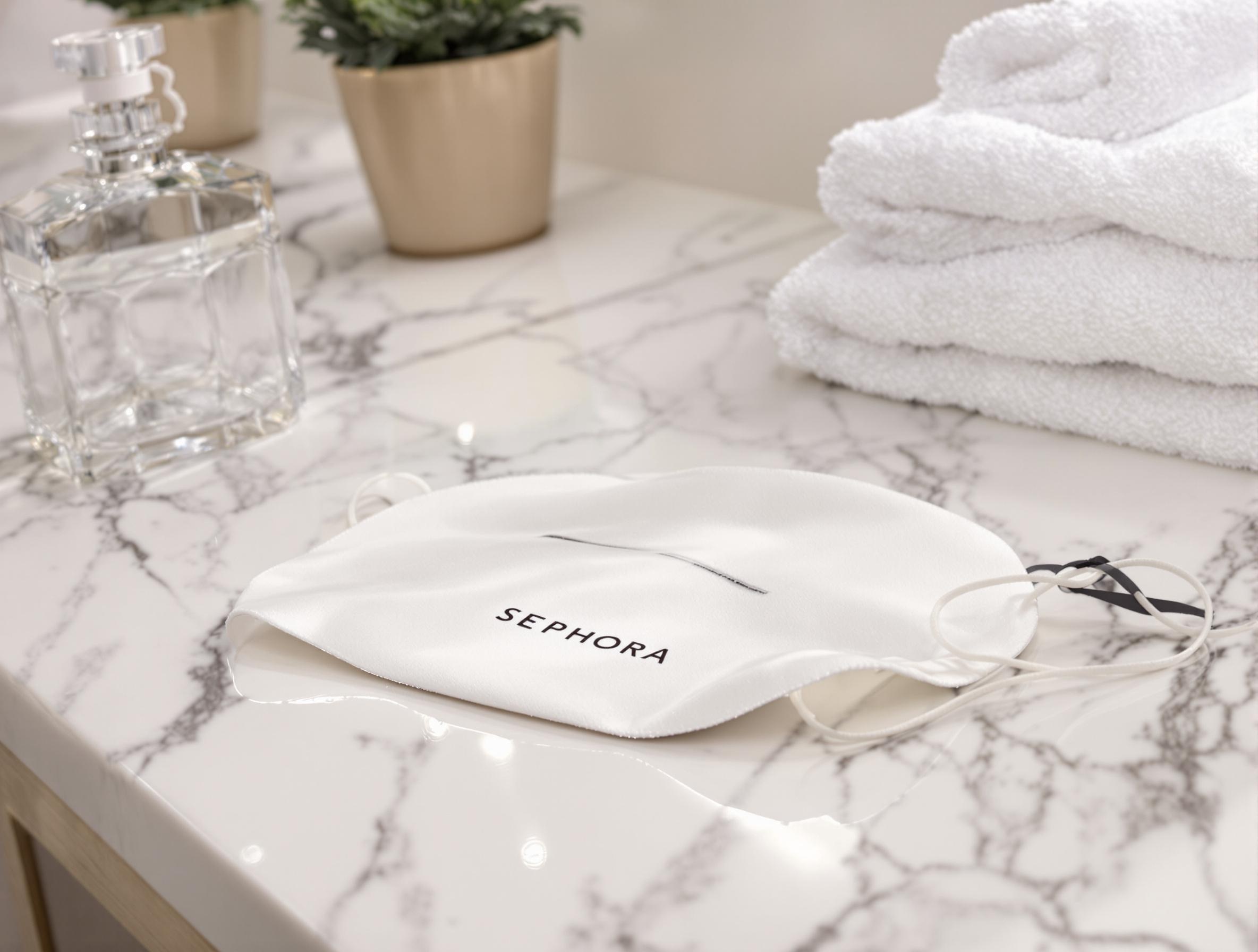 Image d'un masque en tissu posé sur une table de salle de bain élégante, bien éclairée, mettant en avant la texture et la fraîcheur du produit Sephora