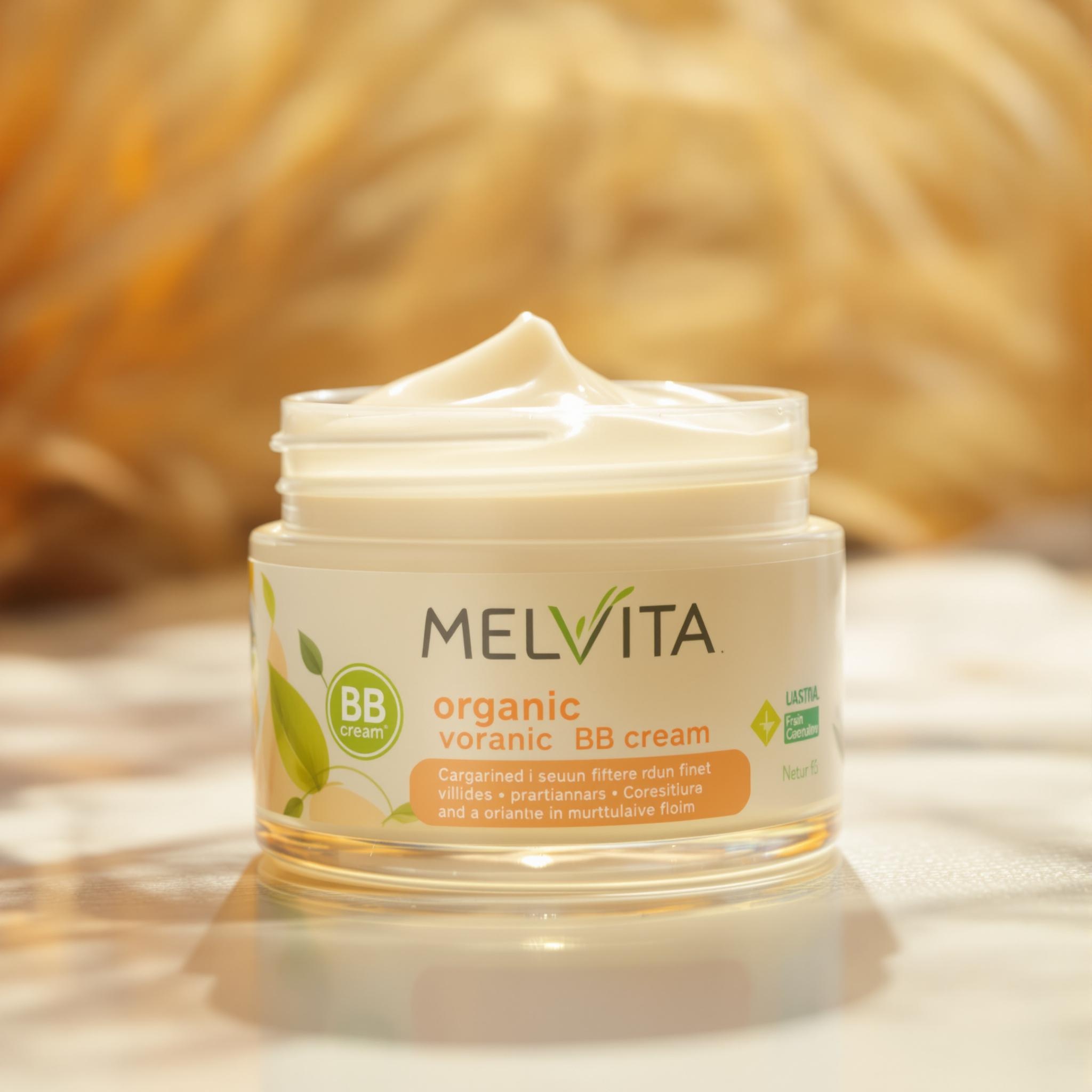 Photo en gros plan d'un pot de BB crème bio Melvita illuminant le visage sous le soleil estival, avec des reflets naturels et une texture soyeuse.