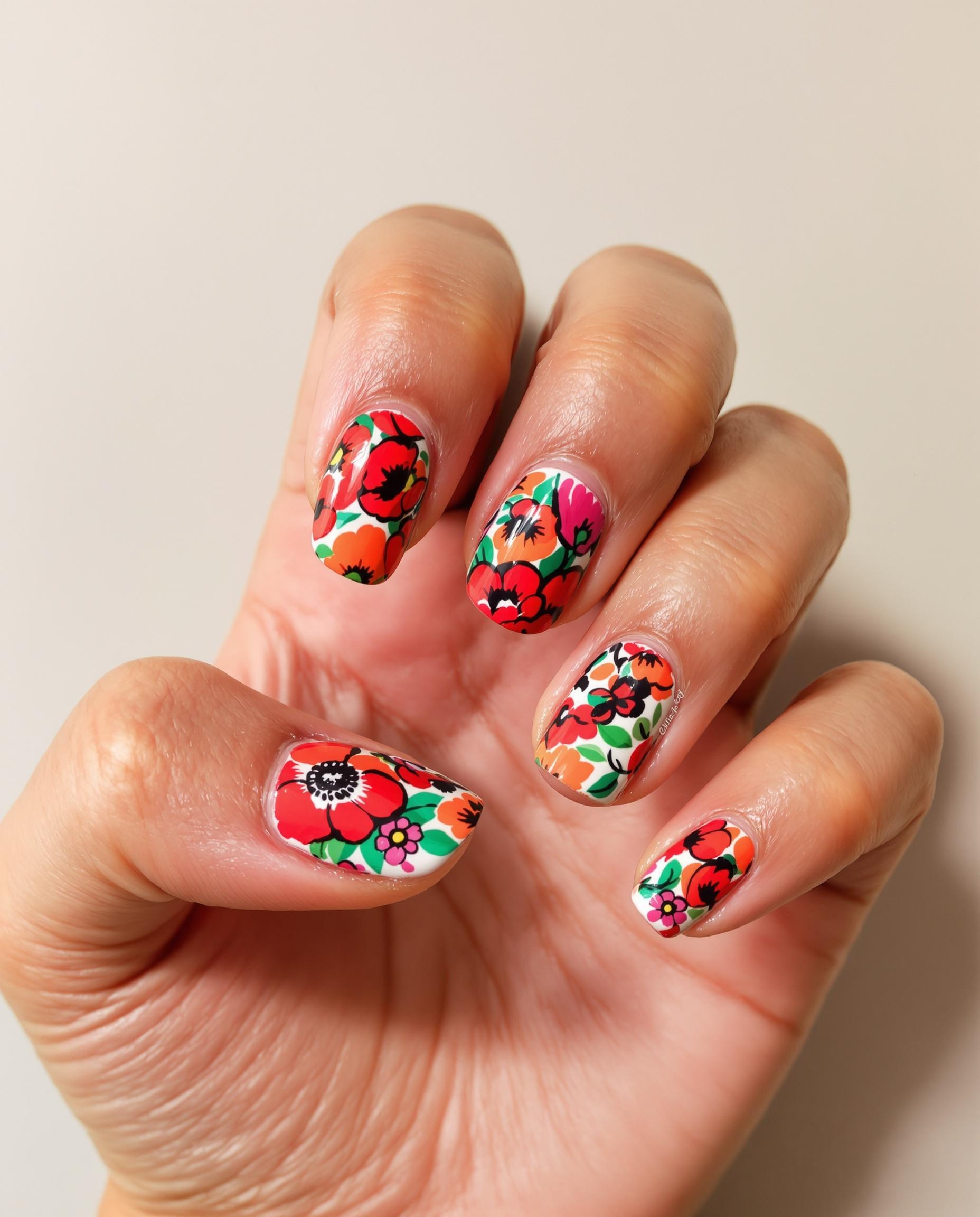 Image présentant un Nail Art Poppy mettant en avant des couleurs vives et des motifs audacieux pour un look original.