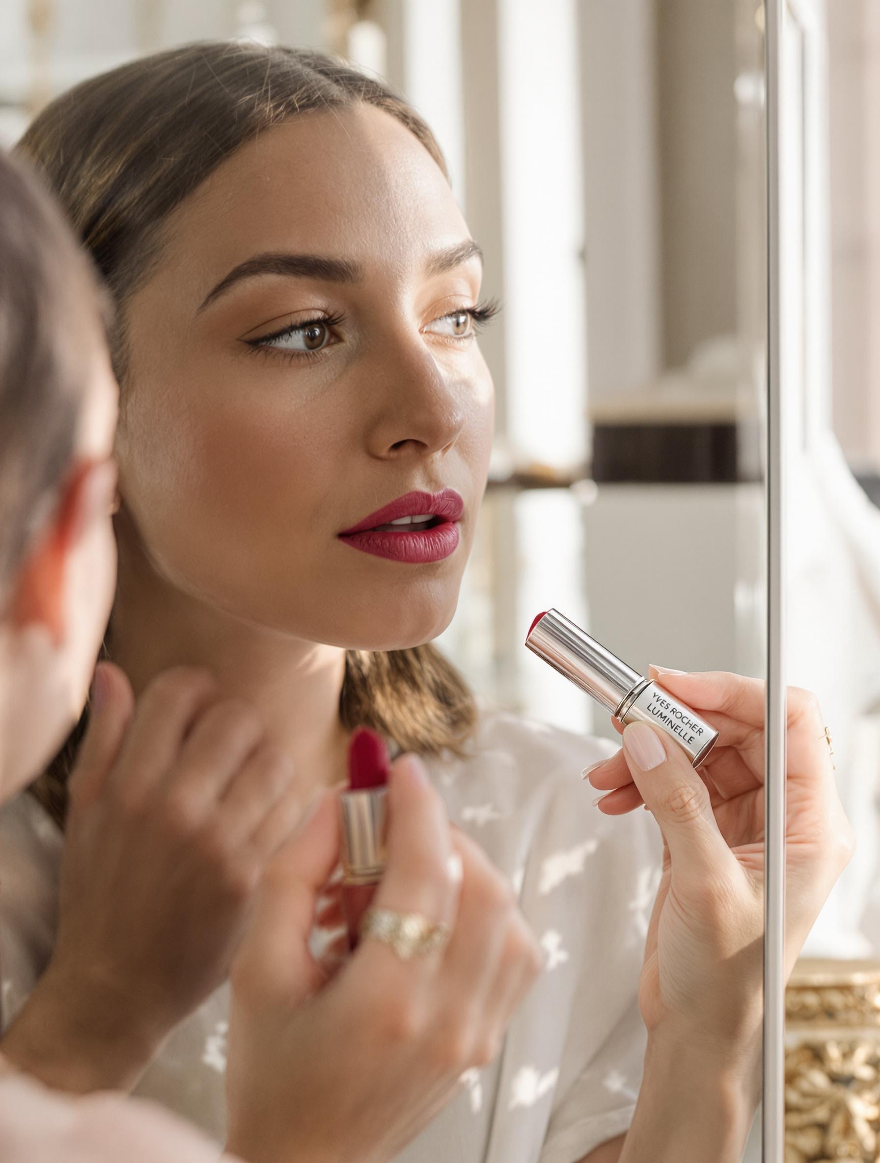 Application du rouge à lèvres Luminelle Yves Rocher devant un miroir