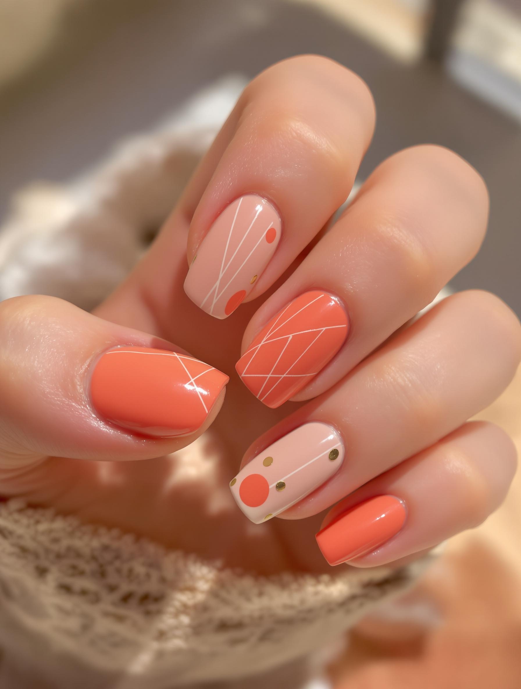 Une photo nette présentant divers nail art corail chic avec motifs abstraits et minimalistes.