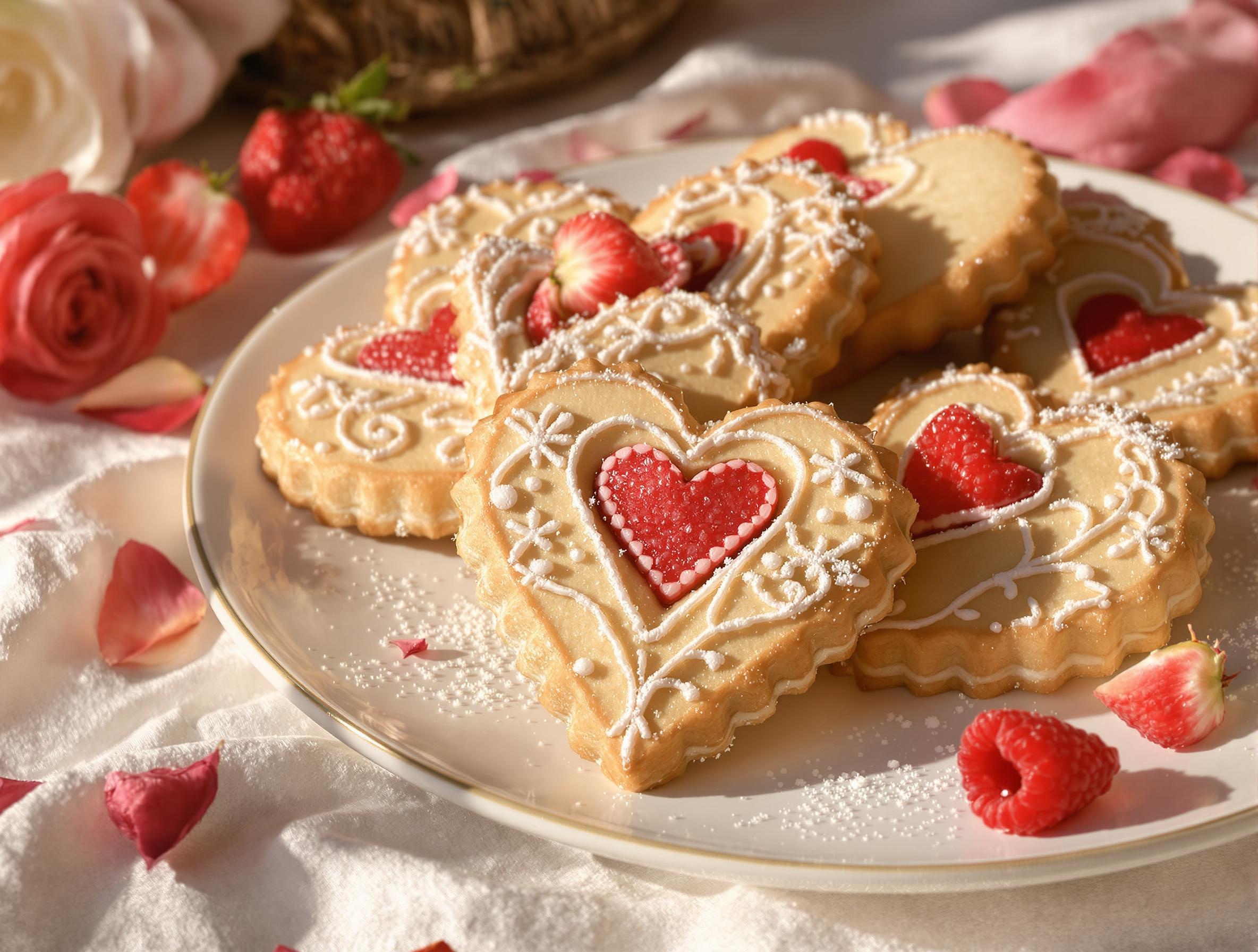 Sablés décorés avec des cœurs en sucre et des touches de fruits rouges, parfaits pour une ambiance romantique.