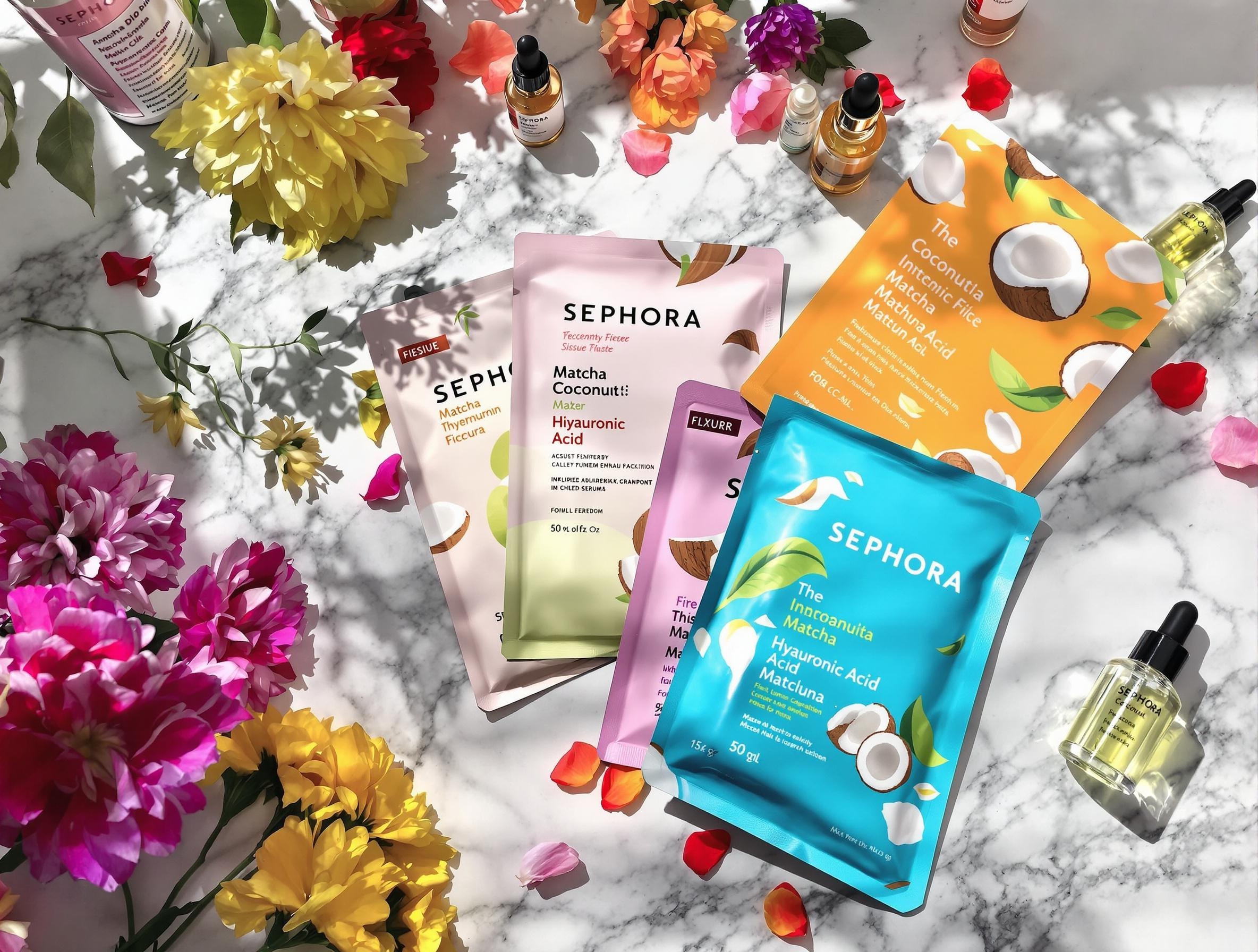 Collection de masques en tissu Sephora avec divers ingrédients, exposée sur une table de marbre avec des accessoires beauté.