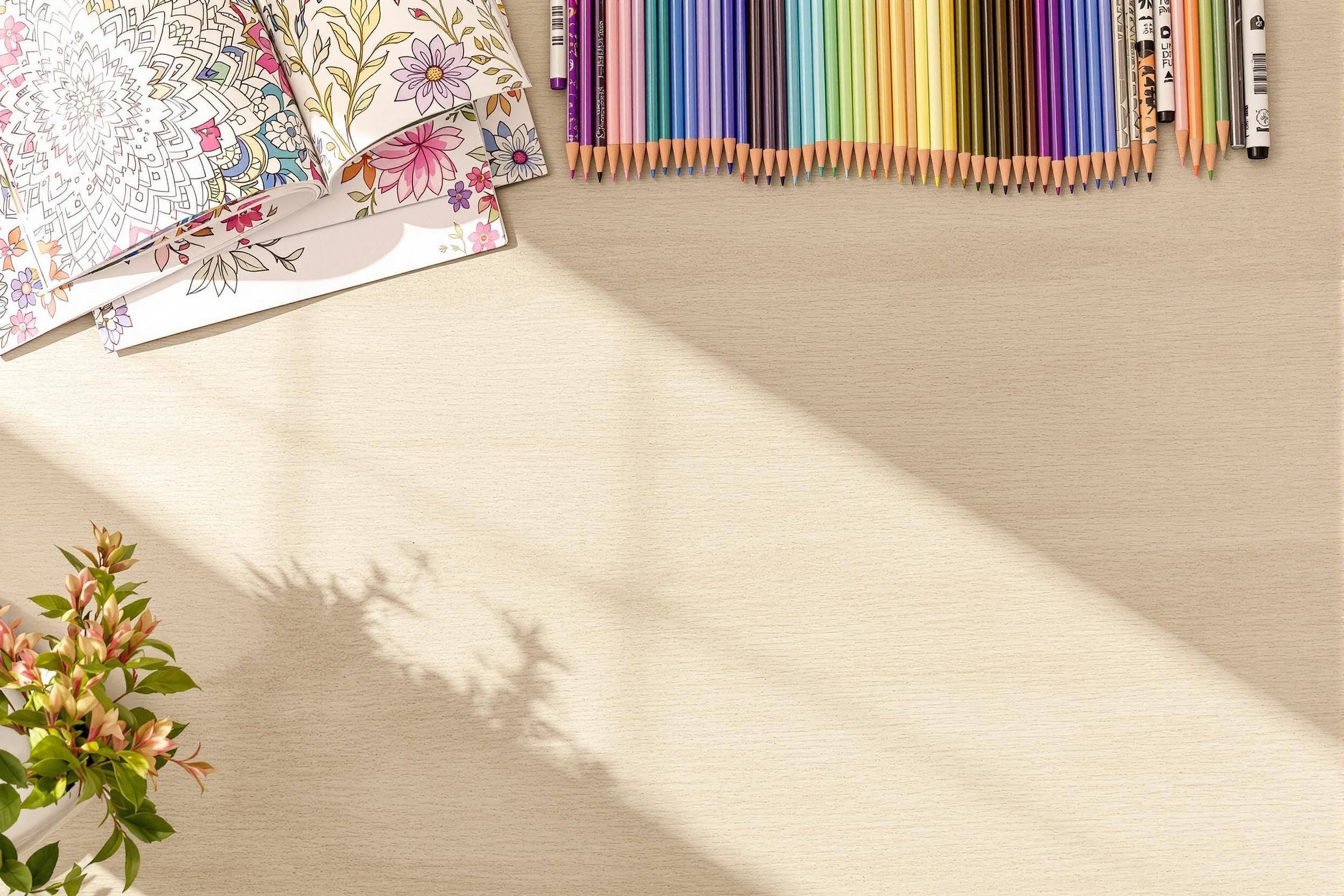 Livres de coloriage pour adultes et crayons disposés sur une table.