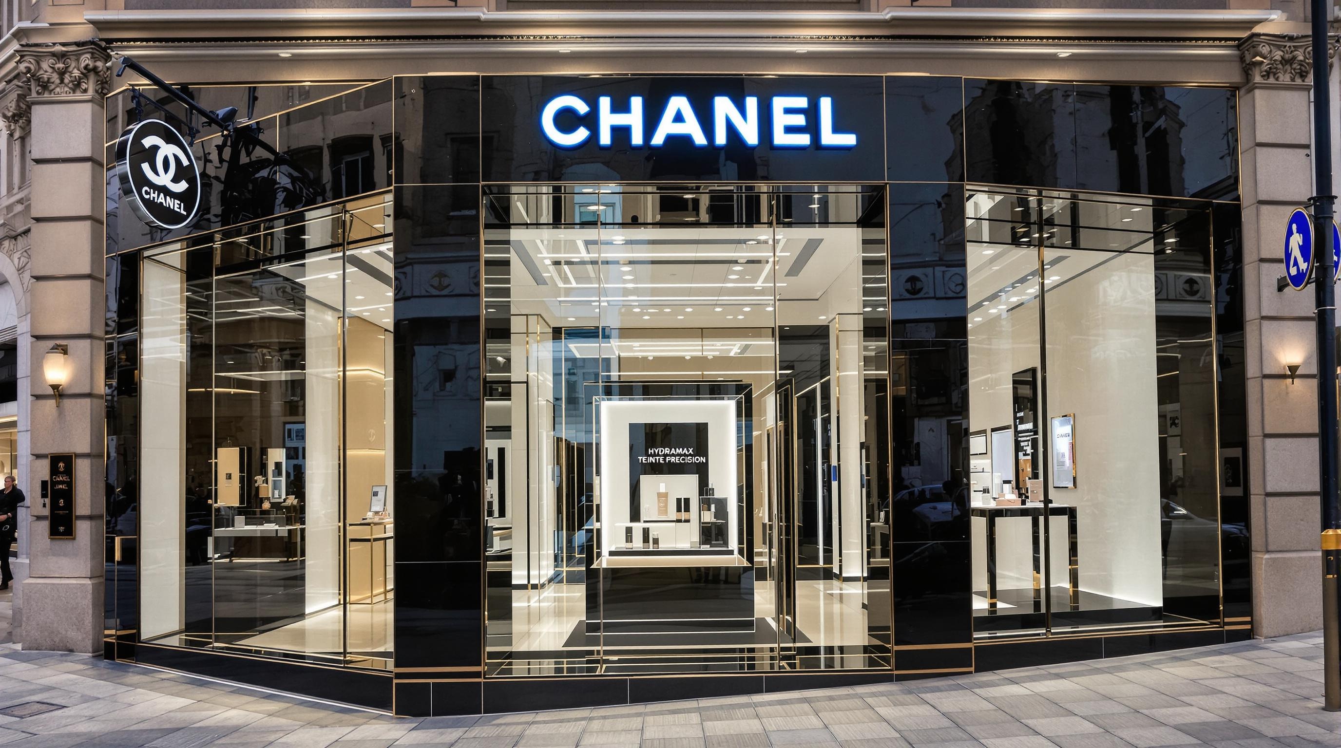 Vitrine d'une boutique Chanel mettant en avant Hydramax Teinté Précision.